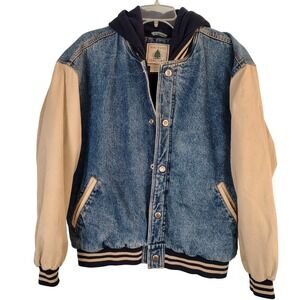 VTG Northwest Territory Vintage Denim Varsity Jacket Hooded Quilted Blue Tan Med